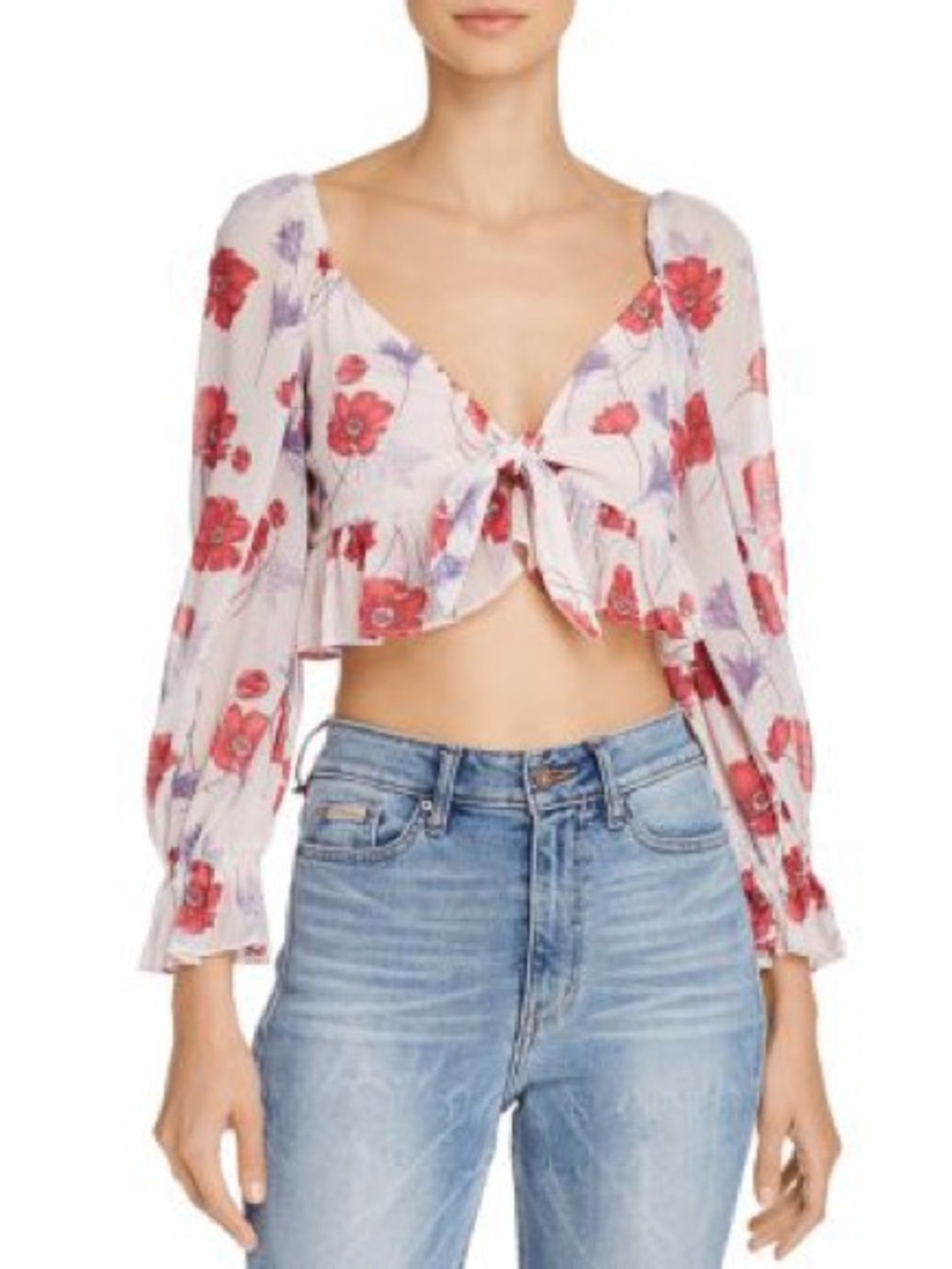 Endless Rose Floral Tie-Front Puff Sleeve Crop Top in Blush and Red size medium